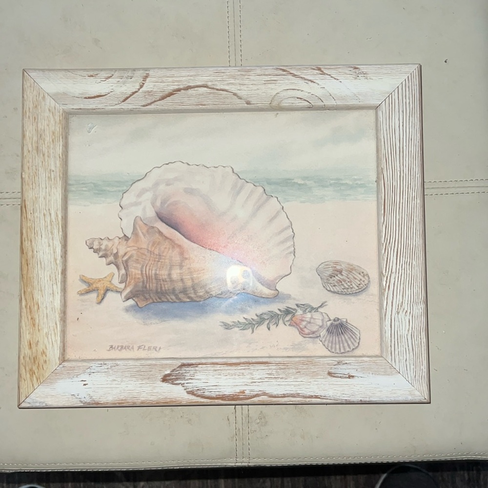 Barbara Fleri Seaside Beach Conch / Seashells Framed Watercolor Print 12”x10.25”